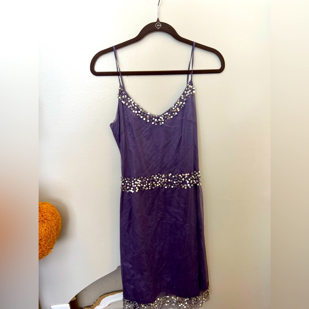CLOSET CLEAROUT VTG - To the Max - Purple Silver Sequin Tulle Slip Knee Length-8